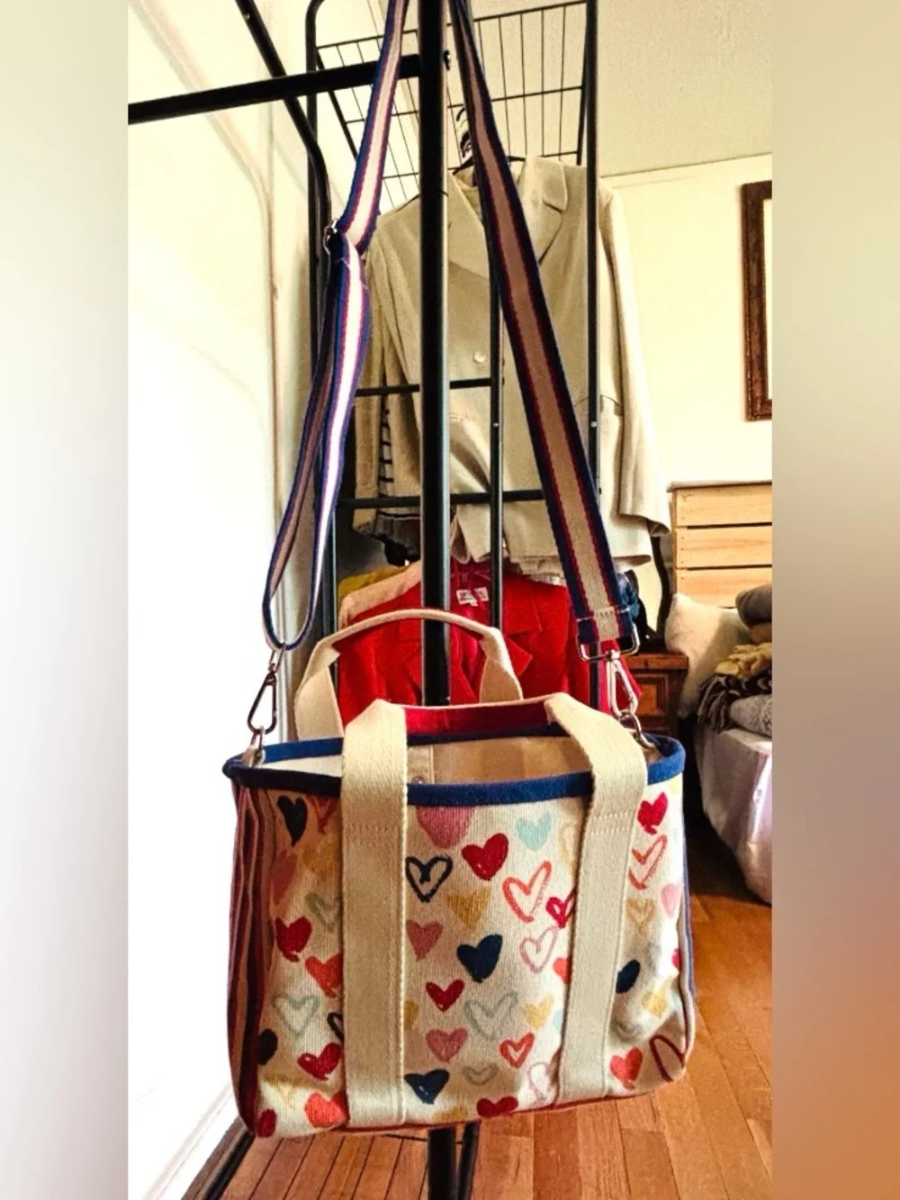 Brighton Canvas LOVE Tote with Multicolor Hearts and Striped Strap